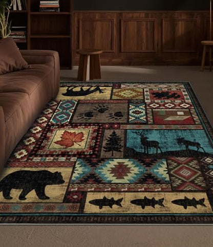 YIHOUSE Rustic Cabin Area Rug 4x6,Machine Washable Lodge Bear Rug,Non-Slip Low Pile Print Pattern Western Rug for Living Room Bedroom - color: Brown, size: 4'x6' (Rectangular)