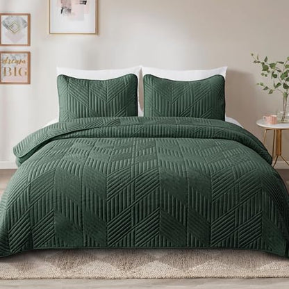Exclusivo Mezcla Ultrasonic Twin Quilt Bedding Set, Lightweight Green Bedspreads Soft Modern Geometric Coverlet Set for All Seasons (1 Quilt and 1 Pillow Sham) - color: Dark Green, size: Twin (68"x88")