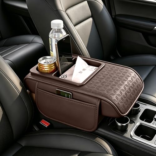 Car Center Console Cover, Auto Car Armrest Cushion 5-in-1 with Cup Holder, Tissue Box Slot, Phone Slot for Vehicle, Car Accessories Interior Storage Organizers (Coffee) - color: Coffee