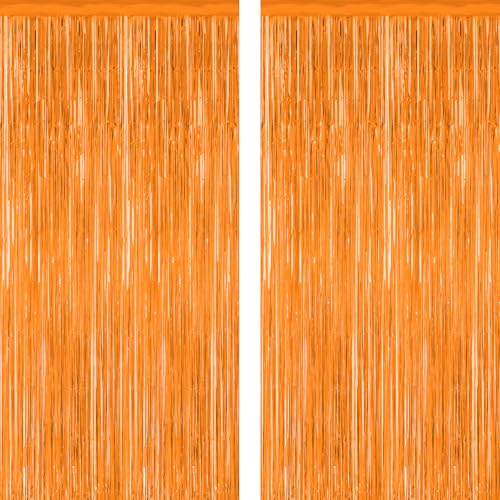 ZATAYE 2 Pack Orange Halloween Foil Curtain Streamer Decorations | Orange, Metallic Foil, 3.28 x 7.05 FT, Tinsel Backdrop, Foil Curtain Streamer, Halloween Party, Photo Booth Door Wall Decor - color: Orange, size: 2 PCS