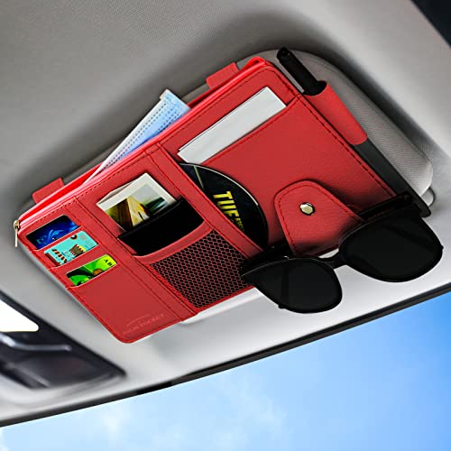 Car Sun Visor Organizer, Leather Pocket Organizer Sunglass Holder for Car Interior Accessories with Multi-Pocket Net Zipper (Red) - color: Red