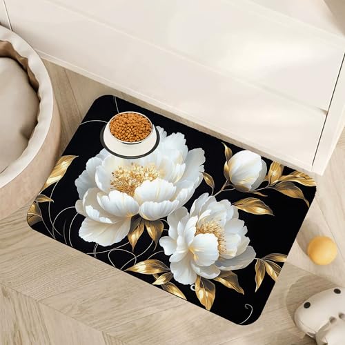 White Flowers Pet Feeding Mat,Glitter BloomingAbsorbent Quick-Dry Cat Dog Food and Water Bowl Mats,Non-Slip Rubber Backing Mat,Cat Dog Accessories Supplies 12"x20" - color: White Flowers Glitter Blooming, size: 12"×20"