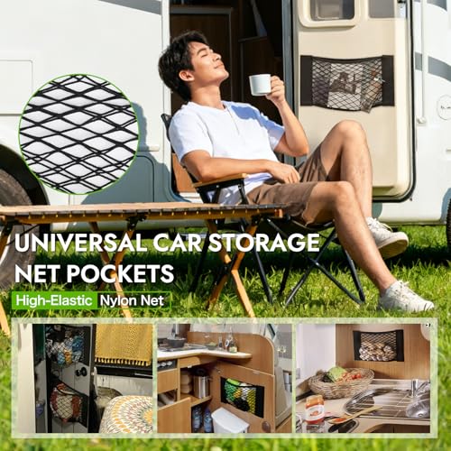 2pcs RV Cargo Storage Mesh Net,Elastic Stretchable Netting Pocket with 4 Adhesive Backing for Camper,Trailer,SUV,Truck (17.7 x 9.5 Inch)–Perfect for Holding Toiletries, Kitchen Supplies,Travel Essenti