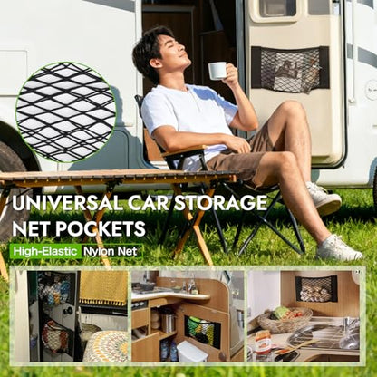 2pcs RV Cargo Storage Mesh Net,Elastic Stretchable Netting Pocket with 4 Adhesive Backing for Camper,Trailer,SUV,Truck (17.7 x 9.5 Inch)–Perfect for Holding Toiletries, Kitchen Supplies,Travel Essenti