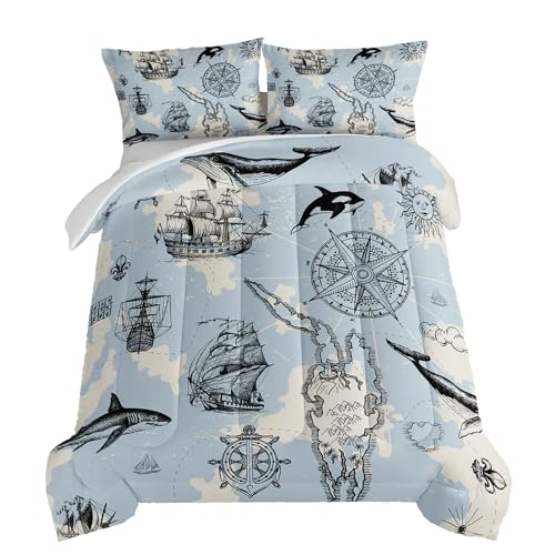 HOSIMA Anchor Nautical Bedding Comforter Set,Compass Whale Sailing Bedding Sets Full Size for Kids Teens Bedroom Decor,Grey Retro Comforter Boys Girls Bedding Set with 2 Pillowcases. - color: Blue-grey, size: Full