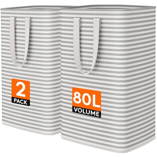 Lifewit 2 Pack Laundry Basket 80L Each, Collapsible Clothes Hamper with Reinforced Handles, Freestanding Waterproof Design for Bedroom and Laundry Room, Grey 160L Total - color: Grey, size: ‎2 x 80L