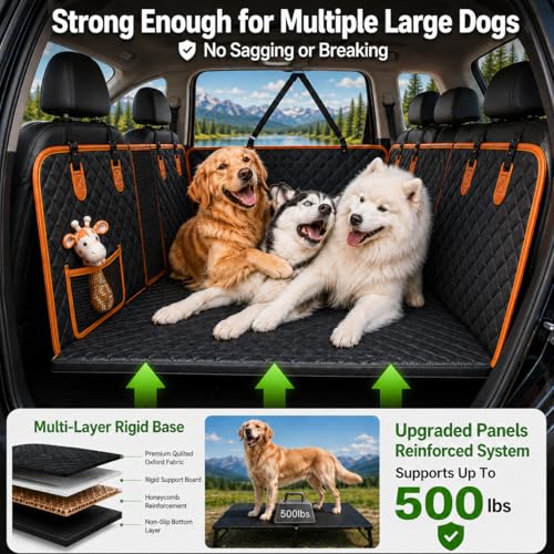 Dog Car Seat Cover for Back Seat, Hard Bottom Back Seat Extender for Dogs — Supports 500lbs for Safe Road Trips, Waterproof Pet Hammock Suitable for Large Breeds in Cars, SUVs & Trucks