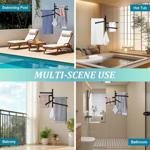 Rotating Pool Towel Rack, 5 Bars Swivel Outdoor Towel Rack with Hook Space Saving Wall Mounted Metal Towel Holder Swing Out Ideal for Pool, Hot Tub,Shower,Balcony