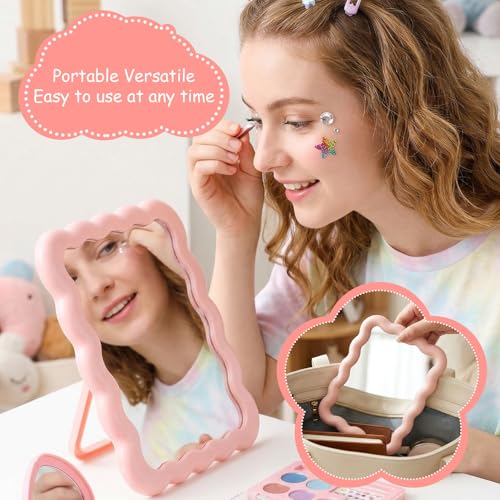 Pink Mirror, 6.9 * 5.3 Inch Small Mirror for Desk, Wave Shaped Personal Mirrors, Portable Folding Mirrors for Standing Hanging for Women, Offices and Bedrooms