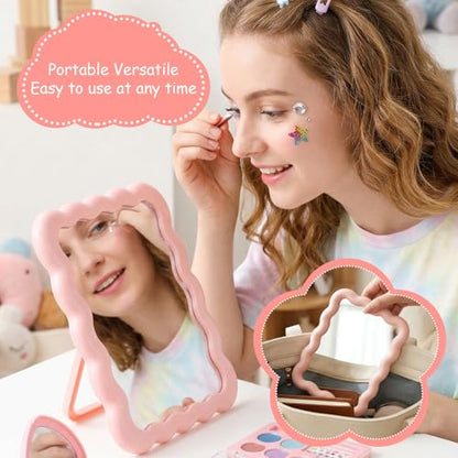 Pink Mirror, 6.9 * 5.3 Inch Small Mirror for Desk, Wave Shaped Personal Mirrors, Portable Folding Mirrors for Standing Hanging for Women, Offices and Bedrooms