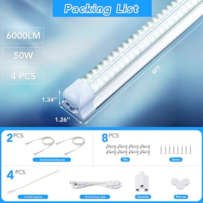 4FT LED Shop Lights, 4 Pack T8 50W 9600LM 6000K Linkable LED Garage Lights Ceiling, Work Light, Plug & Play Energy-Saving Workshop Lighting for Warehouse Basement Classroom(V2) - size: V2-4FT-4PCS