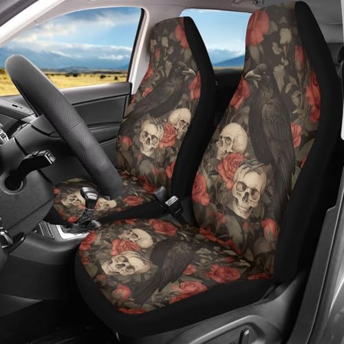 Bulopur Halloween Rose Crows Car Seat Covers Set Non-Slip Breathable 2 Piece Car Seat Covers Front Seats Only Universal Vehicle Accessories for Halloween Decor - color: Floral Skull Crow