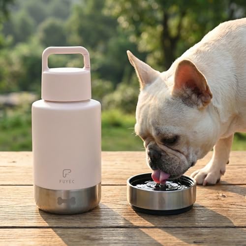 Dog Water Bottle 32oz, Insulated Stainless Steel Travel Water Dispenser with 2 Detachable Dog Bowls for Food and Water, Leak Proof Portable Pet Drinking Cup for Walking Hiking Camping - color: pink