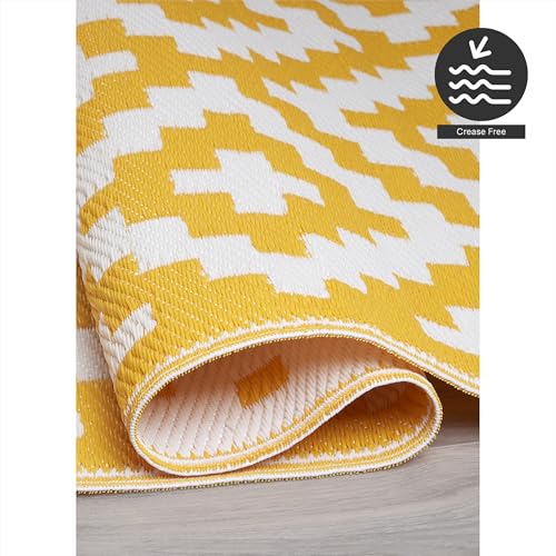 FH Home Outdoor Rug - Waterproof, Fade Resistant, Reversible - Premium Recycled Plastic - Geometric - Large Patio, Deck, Sunroom, Camping, RV - Aztec - Yellow & White Crease Free - 6 x 9 ft - color: Aztec - Yellow & White, size: 6' x 9' (Rectangular)