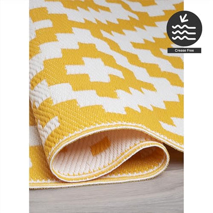 FH Home Outdoor Rug - Waterproof, Fade Resistant, Reversible - Premium Recycled Plastic - Geometric - Large Patio, Deck, Sunroom, Camping, RV - Aztec - Yellow & White Crease Free - 6 x 9 ft - color: Aztec - Yellow & White, size: 6' x 9' (Rectangular)