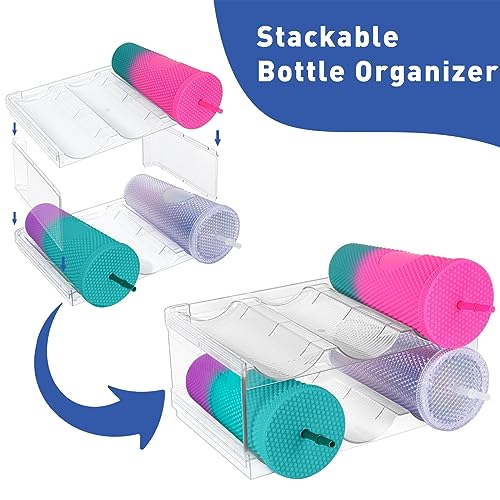 Stackable Water Bottle Organizer for Cabinet, Plastic Bottle Holder Designed for Starbucks Studded Tumblers up to 40oz, Plastic Cup Holder&Wine Rack for Pantry,Cupboard- 2 Layers Hold 6 Bottles - size: 2 layers
