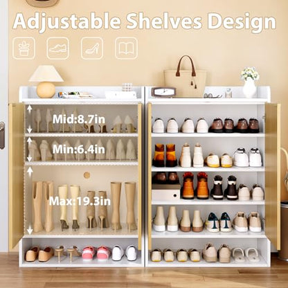 DreamDashio Fluted Shoe Cabinet Storage with Doors, 5-Tier Modern Shoe Storage Cabinet with Side Hooks, Open Shelf & Adjustable Shelves, Tall Shoe Rack Organizer Cabinet for Entryway, Hallway, White