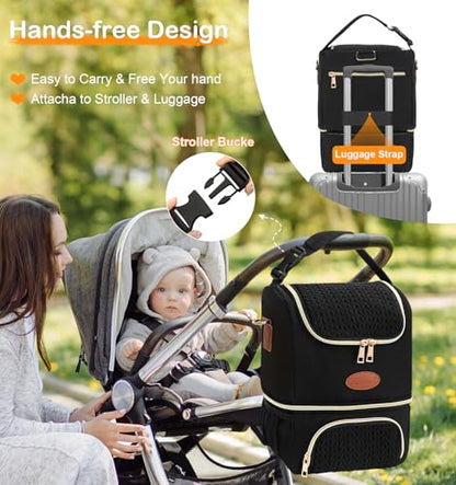 PIIOSER Breastmilk Cooler Bag with Ice Pack, Double Deck Insulated Baby Bottle Travel Bags with Shoulder Strap, Wearable Breast Pump Carry Bag for Nursing Moms Daycare, Work, Picnic(Black) - color: Black-2