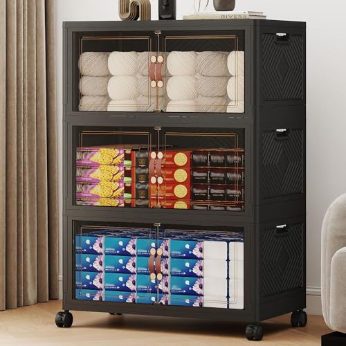 288QT Extra Large Stackable Storage Bins with Lids & Wheels & Door, 72Gal Foldable Collapsible Closet Organizers, Plastic containers drawers for bedroom Dorm - color: Black