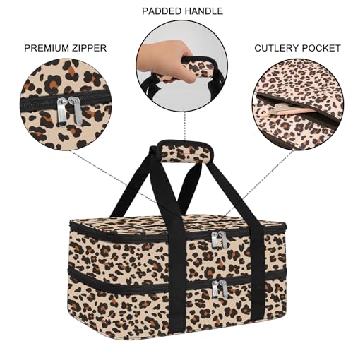 esouler Double Insulated Casserole Carrier Bag Hot & Cold Food Carrier Bag Lasagna Holder Lunch Bag for Picnics, Parties, Travel, Fits 9 x 13 Inches Casserole Dish-Leopard - color: Leopard, size: 16x10x7.2 in