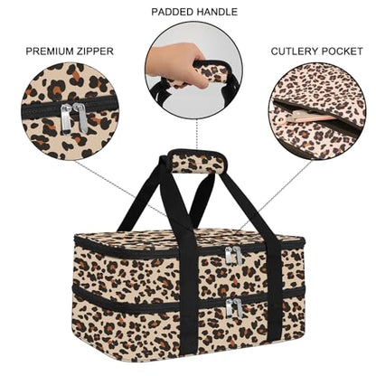 esouler Double Insulated Casserole Carrier Bag Hot & Cold Food Carrier Bag Lasagna Holder Lunch Bag for Picnics, Parties, Travel, Fits 9 x 13 Inches Casserole Dish-Leopard - color: Leopard, size: 16x10x7.2 in