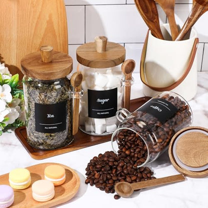 Suclain 3 Pcs Glass Coffee Container with Wooden Lid Spoon Shelf Labels Clear Airtight Jar Food Storage Canister Set for Sugar Spice Coffee Bean Holder Housewarming Gift(25 oz,Acacia Brown) - size: 25 oz