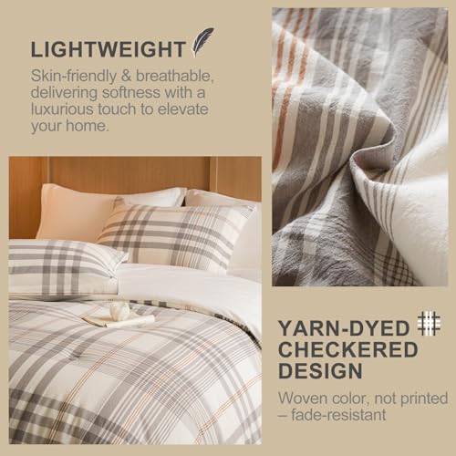 100% Cotton Comforter Set Queen Size – Reversible Yarn-Dyed Checkered Design, Soft Washed Cotton on Both Sides, Lightweight All-Season Bedding, Machine Washable(Grey White Plaid, 90”x90”) - color: Grey White, size: Queen(90"x90")