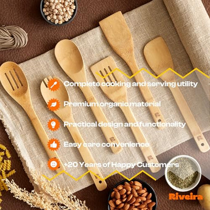 Riveira Bamboo Cooking Spoons 6-Piece – Wooden Cooking Utensils Set with Wooden Spoons for Cooking & Spatulas Wooden Utensil Sets – Premium Kitchen Utensils Set – Durable First Apartment Essentials - color: Bamboo Natural, size: Set of 6