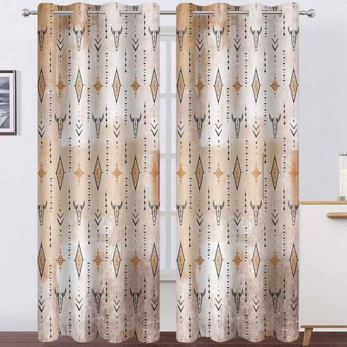 Aztec Blackout Curtains Tribal Western Bull Skull Boho Drapes Rustic Cowboys Native Ethnic Grommets Window Curtain Drapes for Bedroom Kitchen Living Room 2 Panels, 52x84in - color: Orange Black, size: 52"W x 84"L (Pack of 2)