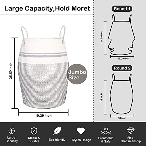 OIAHOMY Laundry Hamper Woven Cotton Rope Large Clothes Hamper 25.6" Height Tall Laundry Basket with Extended Cotton Handles for Storage Clothes Toys in Bedroom, Bathroom, Foldable (Light Grey) - color: White black