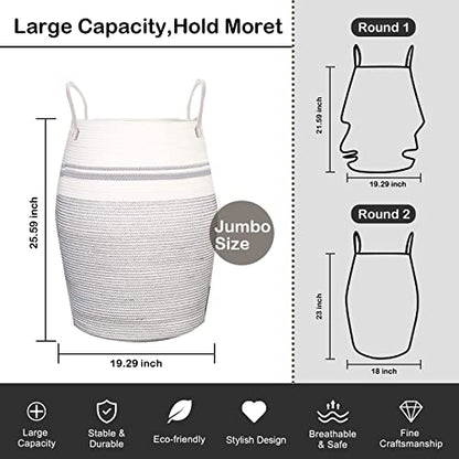 OIAHOMY Laundry Hamper Woven Cotton Rope Large Clothes Hamper 25.6" Height Tall Laundry Basket with Extended Cotton Handles for Storage Clothes Toys in Bedroom, Bathroom, Foldable (Light Grey) - color: White black