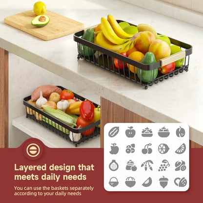 Sevenblue 2 Tier Large Fruit Basket for Kitchen Counter with 2 Mobile Banana Hangers, 2026 Pro Detachable Metal Fruit Bowl with Wooden Handle (Silver, 3 Tier) - color: Silver, size: 3 Tier Standard