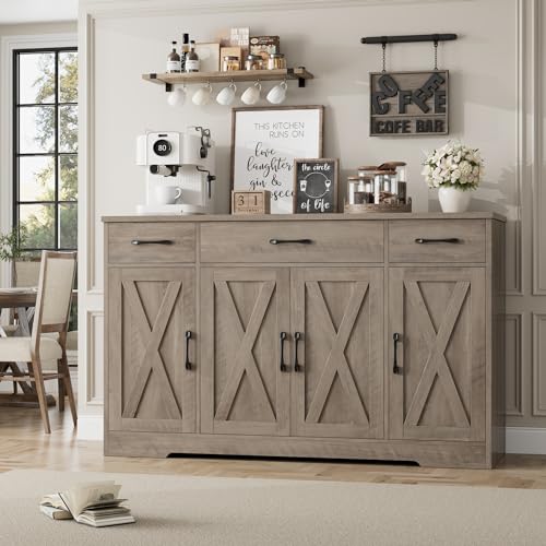 HOSTACK Buffet Sideboard Cabinet with Drawers, 55" Large Buffet Storage Cabinet with Shelves and Doors, Modern Farmhouse Coffee Bar Station for Kitchen, Dining Room, Ash Grey - color: Ash Grey