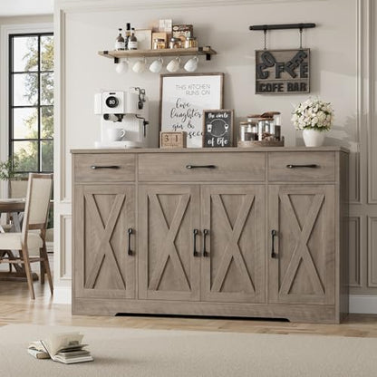 HOSTACK Buffet Sideboard Cabinet with Drawers, 55" Large Buffet Storage Cabinet with Shelves and Doors, Modern Farmhouse Coffee Bar Station for Kitchen, Dining Room, Ash Grey - color: Ash Grey