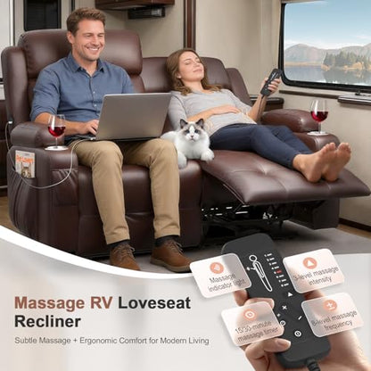 Reclining Loveseat, 55.1" RV PU Leather Wall Hugger Recliner Love Seats Sofa with Charging Station, Removable Armrest, Cup Holder, Double Recliners Couch, Manual Love Seat for Living Room - color: Copper Brown, size: Hera - Loveseat