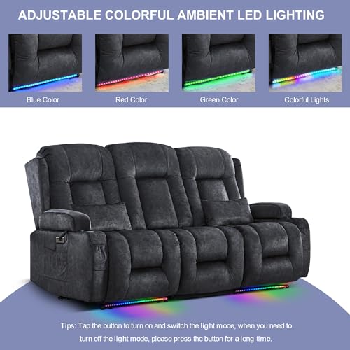 TUNYI Power Loveseat Recliner Sofa with Massage & Heat Home Theater Seating with Console RV Recliner Loveseat Sofa with USB/Storage/Side Pocket/LED Light/Speaker (Grey, 3 Seat) - color: Grey, size: 3 Seat