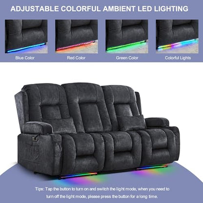TUNYI Power Loveseat Recliner Sofa with Massage & Heat Home Theater Seating with Console RV Recliner Loveseat Sofa with USB/Storage/Side Pocket/LED Light/Speaker (Grey, 3 Seat) - color: Grey, size: 3 Seat