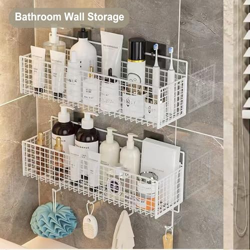 2 Pack Hanging Wall Wire Baskets,Metal Wire Storage Bin Rack for Kitchen Bathroom Shower Spice Shelf (White) - color: White