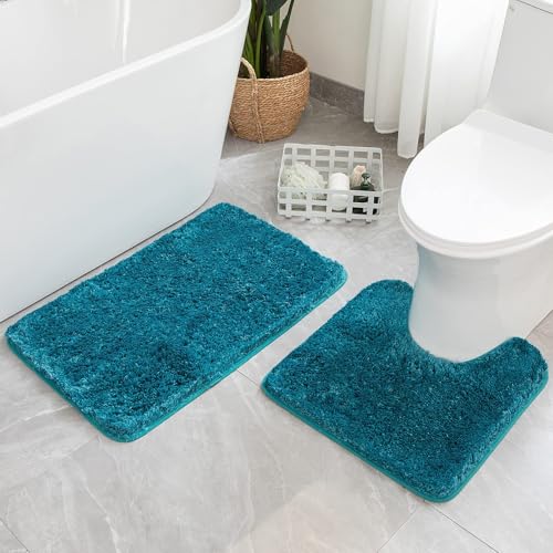 MIULEE Teal Bathroom Rugs Set 2 Piece, Soft Absorbent Microfiber Bath Mat and U-Shaped Contour Toilet Rug, Non Slip Quick Dry Washable Plush Shaggy Bath Rugs for Bathroom，20"x20"+16"x24" - color: Teal, size: U 20''x20'' + 16''x24''