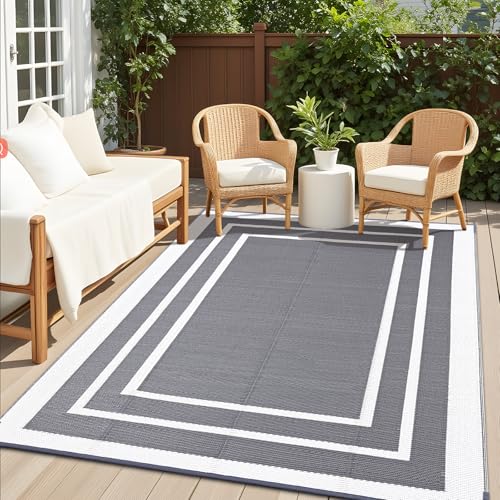 OLANLY Outdoor Rug 6x9 ft Waterproof, Reversible Outdoor Plastic Straw Rug, RV Mat, Indoor Outdoor Carpet Clearance for Patio, Camping, Balcony, Deck, Backyard, Grey & White - color: Grey & White, size: 6' X 9' (Rectangular)