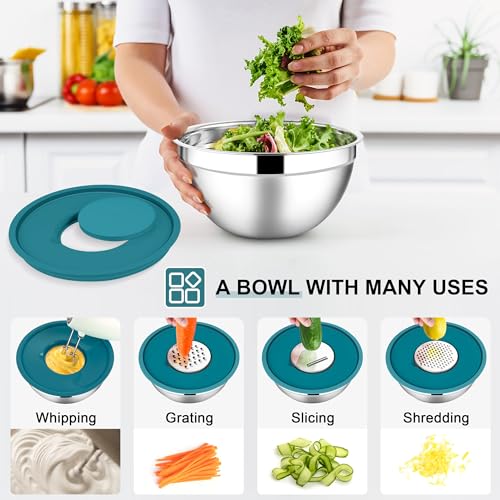 E-far Mixing Bowls with Lids Set, 7-Piece Stainless Steel Mixing Bowls with 3 Grater Attachments, Size 4.6, 3.5, 2.6, 2, 1.5, 1, 0.7QT, Metal Nesting Bowls & Blue Airtight Lids, For Baking/Cooking - color: Blue, size: 7 Regular Sizes