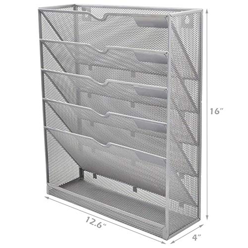 EASEPRES Mesh Wall File Organizer 6 Tier Vertical Mount Hanging Holder Magazine Rack with Bottom Flat Tray, Sides Closed, Silver - color: Silver, size: 6 Tier Upgrade