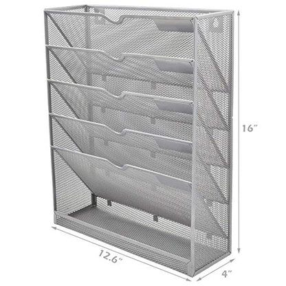 EASEPRES Mesh Wall File Organizer 6 Tier Vertical Mount Hanging Holder Magazine Rack with Bottom Flat Tray, Sides Closed, Silver - color: Silver, size: 6 Tier Upgrade