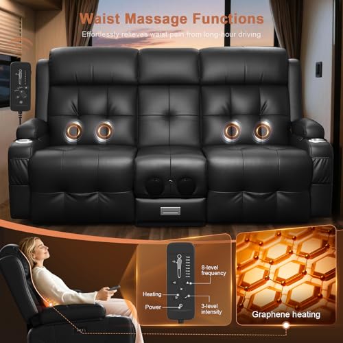 Power RV Loveseat Recliner Sofa, Reclining Loveseats Couch for RV Furniture, Home Theater Seating with Heat Massage, Flip Backrest, USB, Cup Holders, 150° Wall Hugger RV Recliners Sleeper Sofas - color: Flip Back Black, size: Loveseat-G1-Power