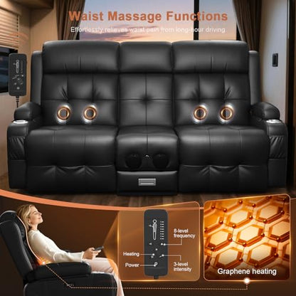 Power RV Loveseat Recliner Sofa, Reclining Loveseats Couch for RV Furniture, Home Theater Seating with Heat Massage, Flip Backrest, USB, Cup Holders, 150° Wall Hugger RV Recliners Sleeper Sofas - color: Flip Back Black, size: Loveseat-G1-Power