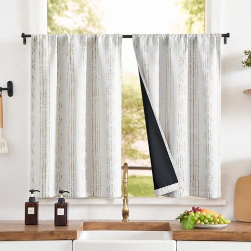jinchan 95% Blackout Boho Kitchen Curtains 24 Inches Cafe Tier Curtains Bohemian Small Drapes for Bedroom RV Basement Half Window Room Darkening Thermal Insulated 2 Panels Beige - color: 95% Blackout | Taupe on Beige, size: 25"W x 24"L (Pack of 2)