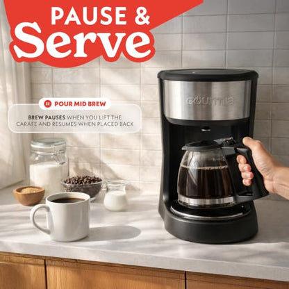 Gourmia 5 Cup One-Touch Drip Brew Coffee Maker – Pause and Serve, Automatic Keep Warm, Easy View Water Window, Compact, Stainless Steel Accents, Black