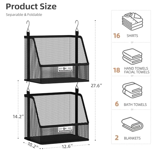 STORAGE MANIAC 2 Tier Hanging Closet Organizer with Mesh Baskets, Clothes Hanging Shelves, Foldable Stackable Storage, Space-Saving Collapsible Basket with Hooks for RV, Dorm, Bedroom, College, Black - size: 2 Tier