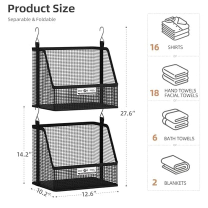 STORAGE MANIAC 2 Tier Hanging Closet Organizer with Mesh Baskets, Clothes Hanging Shelves, Foldable Stackable Storage, Space-Saving Collapsible Basket with Hooks for RV, Dorm, Bedroom, College, Black - size: 2 Tier