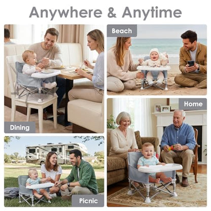 Tiny Marvels Baby Chair, Portable & Foldable for Travel & Beach, Ages 6M-3Y | BPA-Free Material, 3-Point Harness, 3-in-1 Baby Chair, Removable Tray & Carry Bag, Sturdy with Reinforcement, Non-Slip Feet - color: Grey